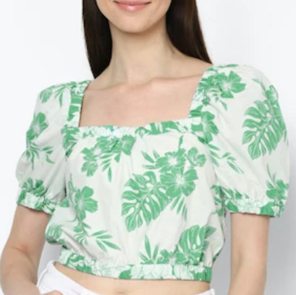 American Eagle Green Floral Square Neck Puff Sleeve Bubble Crop Top NWT Medium